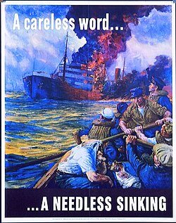 World War II careless talk poster showing a sinking ship